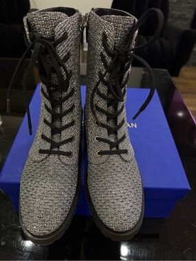 Stuart Weitzman Silver-Gray Knit Lace-Up Ankle Boots